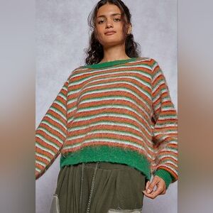 POL Green & Orange Classic Stripped Boat Neck Relaxed Fit Brushed Knit Sweater